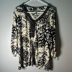 JM Collection Womens 1X Embellished V-Neck Animal Print Ruched Sleeve Tunic Top
